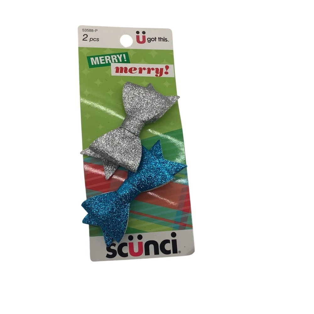 Scünci Glitter Bow Hair Clips Women OS Silver Blue Holiday Party Sparkle 2pc Set